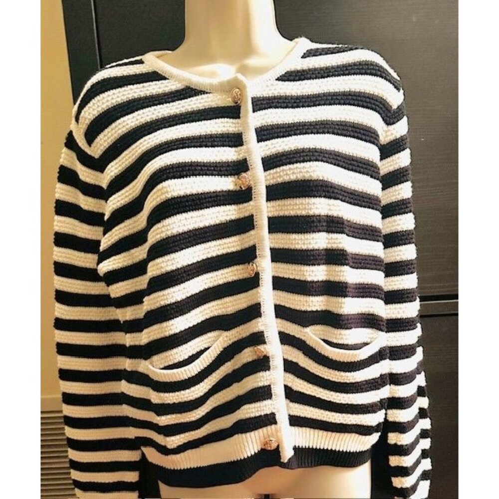 Lillusory Striped Soft Knit Cardigan Sweater Blazer w/Gold Buttons & Pockets Sm